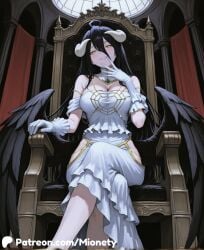 ahoge ai_generated ainz_ooal_gown albedo_(overlord) artist_name bare_shoulders black_feathers black_hair black_wings blush breasts chair cleavage closed_eyes clothing_cutout crossed_legs demon_girl demon_horns demon_wings detached_collar dress feathered_wings feathers feet_out_of_frame female finger_to_mouth frilled_dress frilled_gloves frills gloves grin hair_between_eyes hip_vent horns indoors large_breasts long_hair looking_at_viewer low_horns low_wings mionety ojou-sama_pose one_eye_closed overlord_(maruyama) parted_lips patreon_username sitting slit_pupils smile solo throne very_long_hair white_dress white_gloves white_horns wings yellow_eyes
