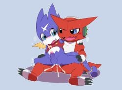 anal anal_sex anthro balls bandai_namco blush bodily_fluids bottomless bottomless_male clothed clothing crop_top cum cum_in_ass cum_inside cum_while_penetrated digimon digimon_(species) digimon_xros_wars digimon_xros_wars-hunters duo erection genital_fluids genitals gumdramon hi_res male male/male male_penetrated male_penetrating male_penetrating_male ofuro orgasm penetration penile penile_penetration penis penis_in_ass purple_body red_body scalie sex shirt shoutmon toei_animation topwear
