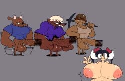anthro big_bad_wolf bottomless bull censored furry human mole mole_man_(hataraki_ari) simple_background sukimi_(hataraki_ari) superiorfox tagme ushio_(hataraki_ari) wolf