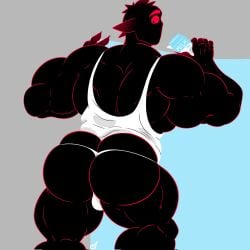 back_view bara beefy_demon_acc big_ass demon ethan_(beefy_demon_acc) gay male milk muscular muscular_arms muscular_legs muscular_male no_pants slut small_underwear tank_top