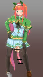 1futa animal_ears atarime bar_censor censored clothing dickgirl full-package_futanari futa_only futanari green_eyes horse_penis intersex long_hair orange_hair penis silence_suzuka_(umamusume) skirt solo standing stockings testicles umamusume