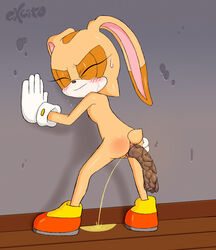 anthro anus ass bent_over blush closed_eyes clothing cream_the_rabbit defecation excito exposed_torso eyelashes feces female footwear gloves handwear lagomorph mammal peeing presenting pussy rabbit scat shoes solo sonic_(series) spread_anus spreading standing sweat tears urine young