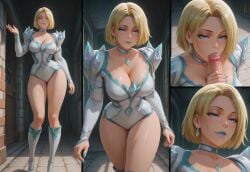 ai_generated bare_legs bare_thighs blonde_female blonde_hair blowjob blue_eyes blue_lipstick blue_nails bob_cut caucasian caucasian_female caucasian_male closed_mouth closed_mouth_smile comic comic_page echodantalian emma_frost emma_frost_(marvel_rivals) fellatio female marvel marvel_comics marvel_rivals oral oral_sex penis sucking_penis