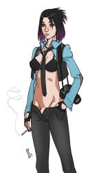 1futa big_breasts bra bulge bulge_through_clothing bulge_under_clothes camera earbuds eyeshadow fingerless_gloves fly_open futanari green_eyes hand_in_pocket necklace necktie pants pants_bulge partially_exposed_penis pearl_necklace penis_in_pants penis_partially_visible penis_under_clothes purple_hair shinji00 smoking vest white_background