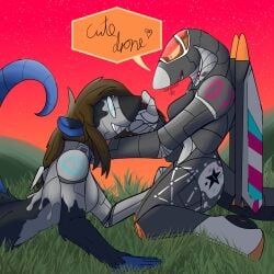 1:1 aeromorph aircraft anthro blue_body blue_skin blue_tail brown_hair circe_(pankallisti) cutie_mark dialogue drone dronification duo english_text eyebrowless eyewear female fur glasses grass grey_body grey_fur hair hasbro hi_res living_aircraft living_machine living_vehicle machine mammal murid murine my_little_pony orange_eyes outside plant rat robot_transformation robot_wings rodent species_transformation speech_bubble star_(drone_overmother) stargazer_bp tail text touching_nose transformation vehicle wearing_glasses