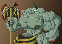 anthro axe axew big_bulge big_muscles big_nipples big_pecs bulge clothing crotch_armor dragon fingerless_gloves flameyverdantfire generation_5_pokemon gloves handwear huge_bulge huge_muscles hyper hyper_bulge hyper_muscles male muscular muscular_anthro muscular_male mythological_creature mythological_scalie mythology nintendo nipples pecs pokemon pokemon_(species) reptile scalie solo speedo swimwear tusks weapon