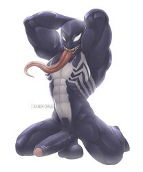 1boy alien balls big_balls big_penis black_skin erection flexing humanoid kneeling long_tongue male male_only marvel muscular muscular_male nude penis presenting simple_background smile solo spider-man_(series) symbiote teeth tongue uncut venom venom_(marvel) white_background white_eyes xenoforge