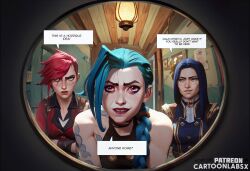3girls ai_generated arcane arcane_caitlyn arcane_jinx arcane_vi blue_hair caitlyn_kiramman caption caption_box captioned cartoon english_text female female_only jinx_(league_of_legends) multiple_girls petite petite_body petite_female sequence shocked shocked_expression shocked_eyes story story_at_source story_in_picture text text_box text_bubble words