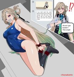 1girl 1girls arms_behind_back arms_bound_to_legs blackmail blonde_female blonde_hair blue_swimsuit bondage bound bound_ankles bound_arms bound_wrists caught_in_the_act caught_masturbating caught_on_camera choysakanto clenched_teeth competition_swimsuit cuffs dialogue dialogue_box duct_tape duct_tape_gag earring earrings english_dialogue english_text exclamation_point exclamation_sign female hair_ornament handcuffs highleg_swimsuit hogtie holding_phone horrified horrified_expression kurogames leg_cuffs legcuffs light-skinned_female long_legs looking_at_viewer lying_on_table lynae_(wuthering_waves) ms_paint multicolored_hair one-piece_swimsuit perfect_body perfect_legs punishment scared scared_expression sexy sexy_punishment shiny_skin swimsuit table_masturbation tape_gag taped_mouth text_message threatening_words wuthering_waves