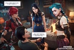 1boy 3girls ai_generated arcane arcane_caitlyn arcane_jinx arcane_vi blue_hair caitlyn_kiramman caption caption_box captioned cartoon english_text female jinx_(league_of_legends) male multiple_girls petite petite_body petite_female sequence shocked shocked_expression shocked_eyes story story_at_source story_in_picture text text_box text_bubble words