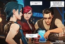 1boy 2girls ai_generated arcane arcane_jinx arcane_vi blue_hair caption caption_box captioned cartoon english_text female jinx_(league_of_legends) male multiple_girls petite petite_body petite_female sequence story story_at_source story_in_picture text text_box text_bubble words