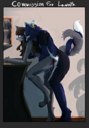 absurd_res bite bodily_fluids breast_grab breasts canid canine canis cum cum_in_vagina cum_inside duo english_text fan_character female genital_fluids hand_on_breast hi_res hug hugging_another hugging_from_behind knotting male male/female mammal mr.foxman nude raised_tail shoulder_bite tail text wolf