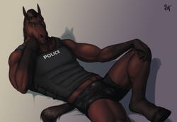 2016 anthro armor athletic bay_(marking) biceps blue_eyes body_armor brown_fur bulge clainekun_(thiro) clothing equid equine hooves horse looking_at_viewer male male_only mammal muscles pecs police pose rov shorts smile solo