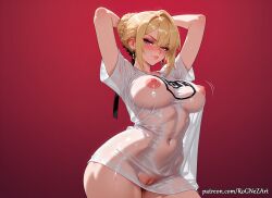 2025 ai_generated anime arms_behind_head arms_up bangs blonde_hair blush braid braided_hair breasts cleavage covered_navel covered_nipples crossover earrings evelyn_chevalier explicit exposed_nipples eye_contact female female_focus female_only flushed gradient gradient_background hair_bun hair_ribbon highres hoyoverse huge_breasts jewelry large_breasts looking_at_viewer midriff mihoyo mole mole_under_eye navel nipples nsfw patreon purple_eyes pussy red_background ribbon rognezart see-through shirt short_sleeves sidelocks simple_background single_hair_bun smile smiling solo spread_pussy t-shirt wet wet_clothes wet_shirt white_shirt zenless_zone_zero