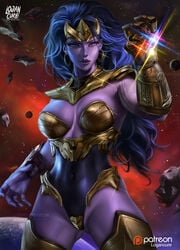 1girls 2d absurdres ass_visible_through_thighs avengers blue_hair breasts cleavage female female_only fully_clothed genderswap_(mtf) highres humanoid infinity_gauntlet logan_cure looking_at_viewer marvel purple-skinned_female purple_skin rule_63 solo thanos