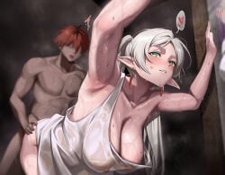 1boy 2girls alternate_breast_size_(larger) big_breasts blush breasts commentary doggystyle elf fern_(sousou_no_frieren) frieren green_eyes highres multiple_girls nipples pointy_ears purple_hair red_hair rourou_(been) see-through_clothes see-through_shirt sex sex_from_behind shirt sousou_no_frieren standing standing_sex stark_(sousou_no_frieren) sweat sweatdrop toned toned_male untranslatable_commentary vaginal very_sweaty wet wet_clothes wet_shirt white_hair