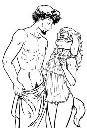 anthro barely_visible_genitalia breasts canid canine canis chest_tuft chloe_(style_wager) clothing domestic_dog duo eye_contact eyewear female floppy_ears genitals glasses hand_on_breast hand_on_butt human human_on_anthro hunting_dog interspecies interspecies_romance looking_at_another male mammal monochrome nightgown nightgown_only nipples pubes_exposed saluki sighthound small_breasts smile smiling_at_another smiling_at_partner style_wager towel towel_around_waist towel_only translucent translucent_clothing translucent_topwear tuft vulva