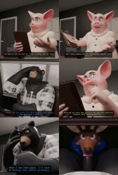 3d_(artwork) 3d_animation animated anthro antlers bear clothed clothing comic deer dialogue digital_media_(artwork) eyewear fellatio first_person_view genitals glasses group horn inside looking_at_viewer male male/male male_pov mammal office oral overweight overweight_anthro overweight_male penile penis sesame_bun sex shirt suid suine topwear trio under_the_table
