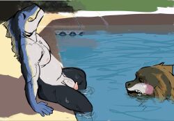 allstar1149603 anthro belly black_legs blush blush_lines bodily_fluids circumcised detailed_background duo exhibitionism fin fish flaccid genitals glans hands_on_ground head_out_of_water hi_res humanoid leaning leaning_backward legs_in_water male male/male marine multicolored_body multicolored_scales nick_threesome nipples nude overweight pecs penis pink_glans pink_nipples pool salmonid_(fish) scales scribbles shaded sharp_teeth smile stare stock_image stressed sweat sweatdrop teeth toro_shinsetsu twunk vein veiny_penis voyeur water water_drop white_body yellowfin_tuna