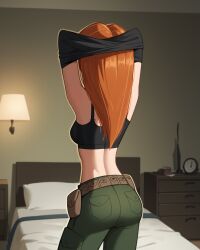 ai_generated alarm_clock arms_up ass back bed bedroom belt belt_pouch black_bra black_shirt black_sports_bra bra breasts brown_belt cargo_pants chest_of_drawers clock clothes_lift cowboy_shot desk_lamp drawer female from_behind green_pants indoors kim_possible kimberly_ann_possible lamp long_hair medium_breasts on_bed orange_hair pants pillow pocket pouch shirt shirt_lift solo standing underwear undressing