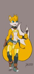 2018 arashidrgn blue_eyes bulge canine clothed clothing collar fangs footwear fox fur gloves hair knee_pads legwear male male_only mammal midriff multi_tail navel shirt shoes skimpy solo sonic_(series) tails tank_top thigh_highs underwear video_games