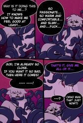 anthro balls bodily_fluids coiled_up coiling coiling_around_arm coiling_around_body coiling_around_leg colored comic cum cum_drip cum_in_mouth cum_in_tentacles cum_inside dialogue digital_media_(artwork) dimensional_rift domestic_cat drinking drinking_cum dripping drooling english_text erection felid feline felis fellatio fur genital_fluids genitals hair hi_res male male/male mammal nude oral out_of_breath penile penis profanity restrained saliva script_(sus_muk) sex smile solo sucking suckling sus_muk tentacle tentacle_sex tentacles_everywhere tentacles_on_male text the_friend white_body white_fur