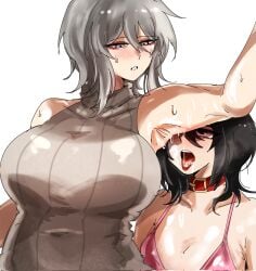 2girls arczaeon armpit_fetish bikini black_eyes black_hair chocker choker collar faust_(limbus_company) female genderswap grey_eyes huge_breasts large_breasts limbus_company project_moon sleeveless_sweater sweat white_hair yi_sang_(limbus_company) yuri