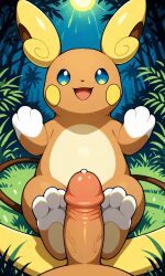 ai_generated alolan_form alolan_raichu feet foot_fetish foot_play footjob game_freak happy nintendo pawjob pawpads paws paws_on_penis penis pokemon pokemon_(species) pokemon_sm pov toes trainer uncensored