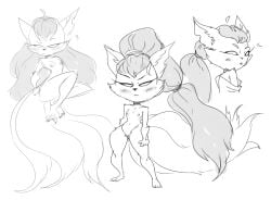 >:( 2020 antenna_hair anthro areola black_and_white blush bodily_fluids breasts claws clothed clothing cowlick crows_feet empty_eyes eyelashes fae_bladetwirler_(lor) feet female flowing_hair flying_sweatdrops front_view frown fur genitals hair hi_res league_of_legends legends_of_runeterra long_hair long_ponytail looking_at_another looking_at_viewer looking_back looking_back_at_viewer mhdrawin monochrome multi_tail narrowed_eyes navel nipples nude off_shoulder one_breast_out ponytail riot_games shortstack side_view small_breasts solo standing sweat sweatdrop tail tencent thick_thighs tied_hair toes vulva wardrobe_malfunction wide_hips wide_stance yordle