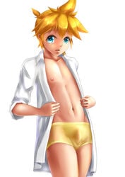 1boy blonde_hair blue_eyes bulge clothing kagamine_len long_sleeves male male_only navel nipples open_mouth partially_clothed penis shirt short_hair simple_background solo underwear vocaloid wet wet_clothes white_background yellow_underwear