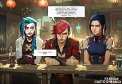 3girls ai_generated arcane arcane_caitlyn arcane_jinx arcane_vi blue_hair caitlyn_kiramman caption caption_box captioned cartoon english_text female female_only jinx_(league_of_legends) multiple_girls petite petite_body petite_female sequence shocked shocked_expression shocked_eyes story story_at_source story_in_picture text text_box text_bubble threesome words