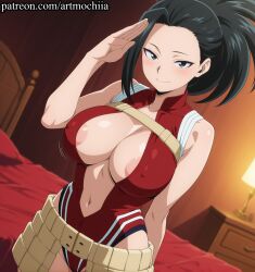 ai_generated anime areola_slip areolae arm_at_side arm_behind_back artmochiia bangs bare_arms bare_shoulders bed bed_sheet bedroom belt beltskirt black_eyes black_hair blurry blurry_background blush boku_no_hero_academia breasts center_opening cleavage closed_mouth collarbone covered_nipples cowboy_shot depth_of_field dutch_angle fanart female groin hair_pulled_back half-closed_eyes hand_up high_ponytail highleg_leotard hip_focus impossible_leotard indoors large_breasts leotard light_smile looking_at_viewer loose_belt momo_yaoyorozu my_hero_academia navel on_bed ponytail red_leotard salute shiny smile solo standing voluptuous voluptuous_female wide_ponytail