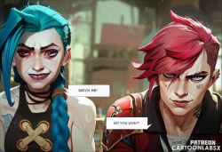 2girls ai_generated arcane arcane_jinx arcane_vi blue_hair caption caption_box captioned cartoon english_text female female_only jinx_(league_of_legends) multiple_girls petite petite_body petite_female sequence shocked shocked_expression shocked_eyes story story_at_source story_in_picture text text_box text_bubble words