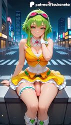 1boy 1futa 2026 ai_assisted ai_generated anime artist_name building city cityscape cock dick explicit futanari goggles goggles_on_head green_eyes green_hair green_nails gumi hi_res high_quality high_resolution highres megpoid megpoid_gumi nail_polish navel orange_jacket orange_shirt orange_skirt patreon patreon_username penis short_hair sitting stable_diffusion testicles tinted_eyewear tsukoneko vocaloid watermark
