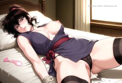 1girl after_sex ai_assisted ai_generated bare_shoulders bedroom black_hair black_lingerie black_stockings brown_eyes brown_hair condom cum_covered cum_on_body cum_on_clothes cum_on_face filled_condom highres holding_used_condom laying_on_back laying_on_bed messy_hair night nipples on_back panties_aside pink_lips pleasure plump purple_hair shocked_eyes small_breasts thick_cum thick_thigh tiny_tits white_curtains