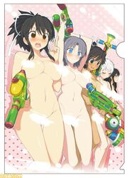 5girls black_hair blue_eyes blush breasts brown_eyes censored dark_skin grey_hair hairbow medium_breasts navel nude senran_kagura watergun white_hair white_skin yaegashi_nan yumi_(senran_kagura)