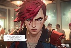 1girls ai_generated arcane arcane_vi blue_hair caption caption_box captioned cartoon english_text female petite petite_body petite_female sequence shocked shocked_expression shocked_eyes story story_at_source story_in_picture text text_box text_bubble words