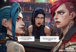 3girls ai_generated arcane arcane_caitlyn arcane_jinx arcane_vi attractive blue_hair caitlyn_kiramman caption caption_box captioned cartoon english_text female female_only jinx_(league_of_legends) multiple_girls petite petite_body petite_female sequence shocked shocked_expression shocked_eyes story story_at_source story_in_picture text text_box text_bubble threesome words