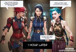 3girls ai_generated arcane arcane_caitlyn arcane_jinx arcane_vi blue_hair caitlyn_kiramman caption caption_box captioned cartoon english_text female female_only jinx_(league_of_legends) multiple_girls petite petite_body petite_female sequence shocked shocked_expression shocked_eyes story story_at_source story_in_picture text text_box text_bubble words