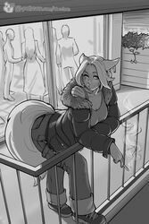 animal_ears balcony bbc-chan cigarette cleavage clothed fluffy_tail jeans kemonomimi monochrome outside scar shoes short_hair solo tail