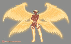 1girls 4_wings bbc-chan blonde_hair dark-skinned_female dark_elf dark_skin ear_piercing earrings fillia_einhart glowing_eyes grey_background large_breasts long_ears magic muscular muscular_female nude nude_female original piercing pointy_ears short_hair solo watermark wings