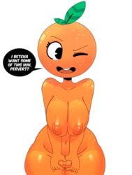 2018 anthro bald breasts female female_only freckles fruit heart leaf naked nipples orange_(fruit) orange_body orange_skin plant presenting princess_tomato_in_the_salad_kingdom pussy solo somescrub speech_bubble teasing text video_games white_background