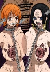 bar_censor big_areola big_breasts big_penis boa_hancock branding_mark captured catered3214 censored censored_penis chains collar color colored dark-skinned_male defeated female iwao178 male maledom nami_(one_piece) one_piece rape sex_slave slave slave_collar tattoo tenryuubito_mark