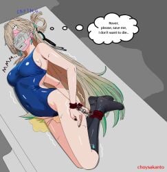 1girls arms_behind_back arms_bound_to_legs artist_name artist_upload asphyxiation begging_to_stop blindfold blindfolded blonde_female blonde_hair blue_swimsuit blush bondage bound bound_ankles bound_arms bound_wrists breath_play breathplay calling_for_help choysakanto competition_swimsuit covered_eyes covered_mouth covered_nose crying cuffs death_by_asphyxiation dialogue dialogue_box duct_tape duct_tape_gag dying earring earrings english_dialogue english_text extreme_content female full-face_blush gasping gasping_for_air hair_ornament handcuffs highleg_swimsuit hogtie horrified horrified_expression imminent_death incontinence kurogames leg_cuffs legcuffs light-skinned_female long_legs long_socks lying_on_table lynae_(wuthering_waves) ms_paint muffled_moaning muffled_scream multicolored_hair nose_covered one-piece_swimsuit peeing peeing_in_swimsuit peeing_self perfect_body perfect_legs pov punishment sexy sexy_punishment shiny_skin snuff sobbing socks streaming_tears struggling suffocate suffocating suffocation swimsuit tape_blindfold tape_gag taped_eyes taped_mouth taped_nose tears tears_of_pain thought_bubble tremble_spikes trembling urinating_female urination urine_leak urine_puddle viewer_perspective wuthering_waves