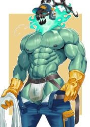 abs absurd_res belt biceps bone bulge clothing digital_drawing_(artwork) digital_media_(artwork) gloves green_body handwear hat headgear headwear hi_res janitor_thresh jockstrap latex latex_clothing latex_gloves latex_handwear male muscular muscular_male nipples pecs redd_fur removed_clothing skull skull_head solo standing thresh underwear wet