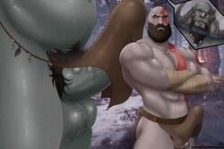 abs angry bald balls bara beard daudi_kaupmadr erection gay god_of_war greeneyedwolfking human kratos loincloth macro male_only monster muscles penis pubes pubic_hair size_difference smile testicles troll