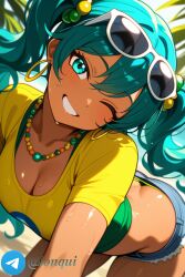 ai_generated anime anime_style artist_name_lonqui beach brazilian_miku cleavage curvy dark_skin female hibiscus large_breasts sdxl shiny_skin solo summer sunglasses sweat tan_skin telegram thick_thighs vocaloid watermark wet_skin