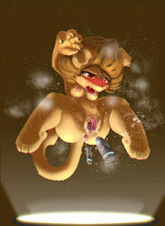 anthro anus blush breasts brown_hair drooling feline female floating gaping gaping_anus gaping_pussy hair lion mammal orange_eyes pussy pussy_juice saliva sex_toy simple_background sorrynothing spread_legs spreading suspension vibrator