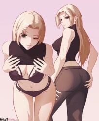 1girls abs ass belly big_ass blonde-haired_female blonde_female blonde_hair bra bra_and_panties brown_eyes curvy curvy_female curvy_figure cute cute_face cute_female female female_focus female_only hand_on_ass isavi jujutsu_kaisen lacy_bra lacy_panties leggings legs looking looking_at_viewer medium_breasts nipple_bulge pale-skinned_female pale_skin panties posing posing_for_the_viewer sexy sexy_body sexy_female shirt_up solo solo_female solo_focus thighs tummy v_line winking winking_at_viewer yuki_tsukumo