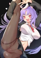 @_@ absurdres animal_ears arms_up black_background black_border black_jacket black_skirt border breasts brown_pantyhose carrot_pin commentary_request crop_top crotch_seam doyagao female floating_hair harunoha highres jacket kneepits long_hair long_sleeves looking_at_viewer medium_breasts midriff navel necktie no_panties open_mouth pantyhose parted_bangs pleated_skirt purple_hair rabbit_ears rabbit_girl raised_inner_eyebrows red_necktie reisen_udongein_inaba ringed_eyes shirt short_necktie simple_background skirt smile smug solo split standing standing_on_one_leg standing_split striped_clothes teeth touhou underwear upper_teeth_only v very_long_hair white_shirt